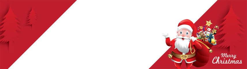 Merry Christmas and Happy New Year. Illustration of Santa Claus on the sky with reindeer sleigh and bag of gift, paper art and digital craft style