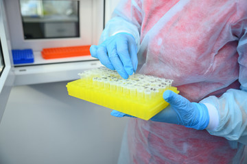 Dna test in the lab. Test tubes with biomaterials in the hands of a laboratory assistant.