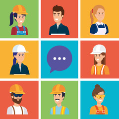 group of workers and speech bubble