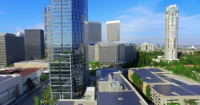 Aerial view of Century City and Solar panels, Los Angeles, California, 4K