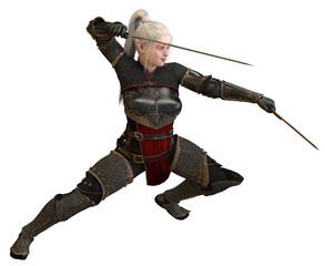 Obraz premium Woman elf warrior with swords isolated on white background 3D illustration