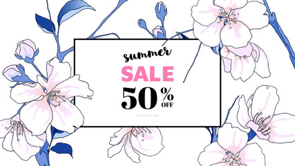 Botanical summer sale banner template design, hand drawn sakura flowers, blue and pink tones © momosama