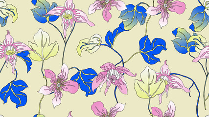 Floral seamless pattern, hand drawn Clematis alpina flowers and leaves on light yellow background, pink and blue tones