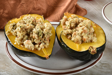 Turkey dressing served in acorn squash halves