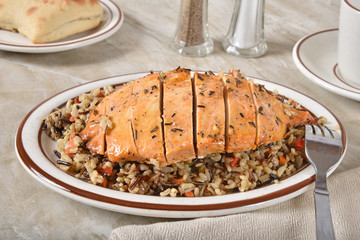 Healthy roasted rosemary chicken with rice dinner
