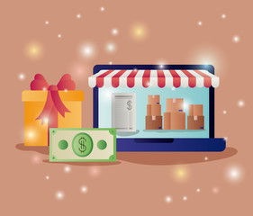 laptop with parasol and ecommerce icons