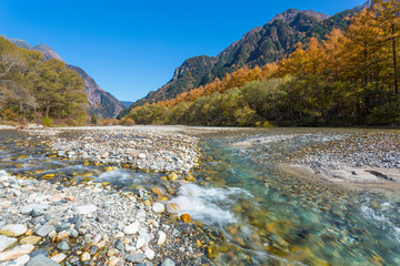 Fototapeta na wymiar 長野県　上高地の六百山と梓川の流れ