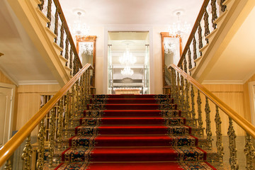 Front staircase with red carpet. Luxurious interior