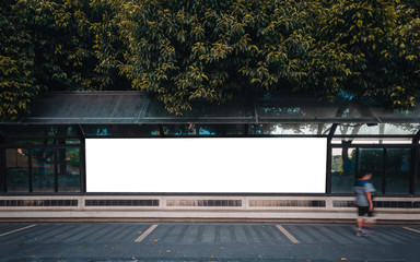 big blank billboard white LED screen horizontal outstanding in the city on pathway walking at side the road traffic with people for display advertisement text template promotion new brand at outdoor.