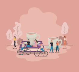 cup of coffee with light bulb and mini people