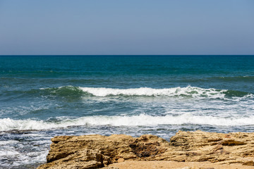 Fototapeta na wymiar rough coast shore on Mediterranean sea in north Israel.
