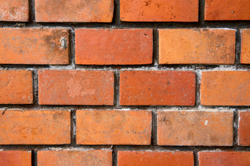 Fototapeta premium Vibrant brick wall photo background. Orange brickwork closeup. Rustic brick masonry. Orange brick paving.