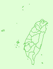 Green Taiwan map with border lines of different provinces on light background vector illustration