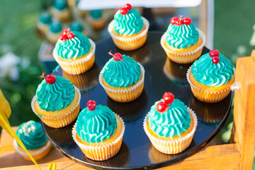 Colorful cream cakes, cookies, donuts on dessert tables.