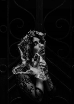 black and white portrait of a gothic woman
