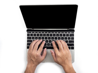 Fototapeta premium Top view of hands typing on computer laptop on white isolated background with clipping path.