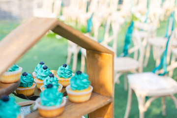 Colorful cream cakes, cookies, donuts on dessert tables.