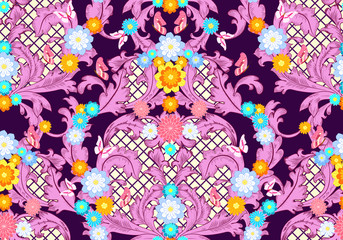 colorful baroque floral pattern with butterflies. seamless backg