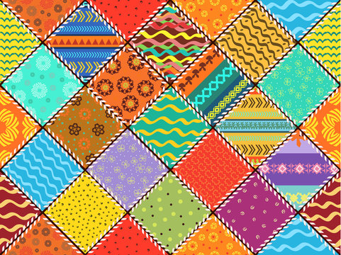 colorful patchwork seamless pattern with stitch rhombus of ethni