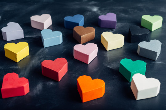 Various color handcrafted paper hearts