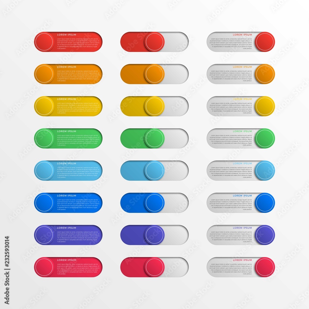 Aufkleber multicolor round switch interface buttons with text boxes. 3d realistic infographic slider. easy to 