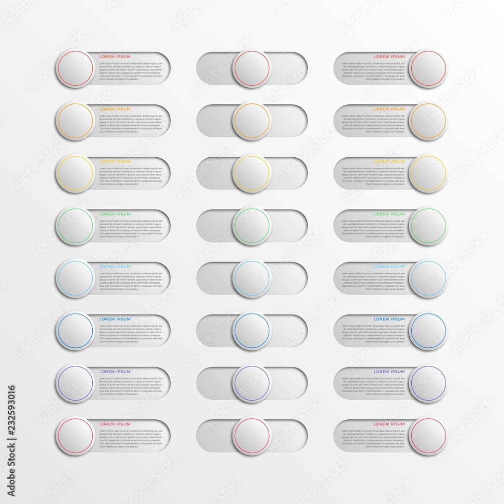 Aufkleber multicolor round switch interface buttons with text boxes. 3d realistic infographic slider. easy to 