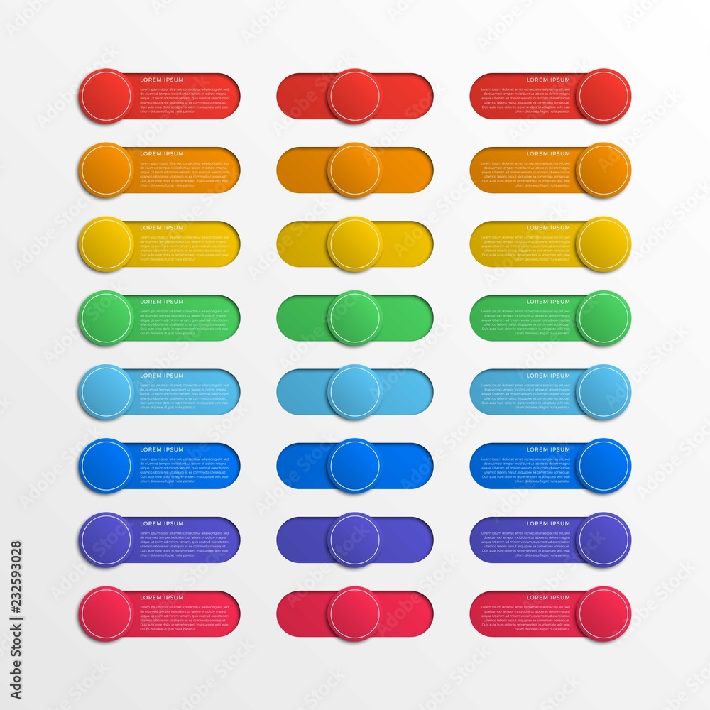Aufkleber multicolor round switch interface buttons with text boxes. 3d realistic infographic slider. easy to 