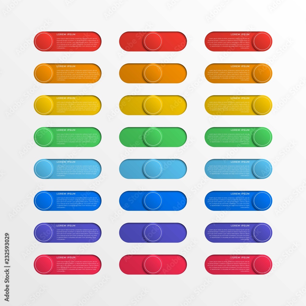 Aufkleber multicolor round switch interface buttons with text boxes. 3d realistic infographic slider. easy to 