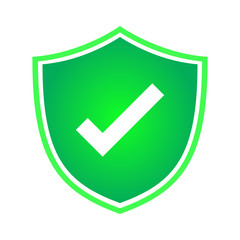 Secure symbol. right sign. Correct mark. Check mark on green shield vector. Simple and flat design, minimalist style.
