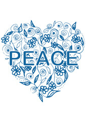 PEACE on flora heart shape hand drawing illustration on white background