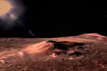Mars - the red planet. Martian surface with hills and craters and dust in the atmosphere. Lens flare. The elements of this image furnished by NASA.