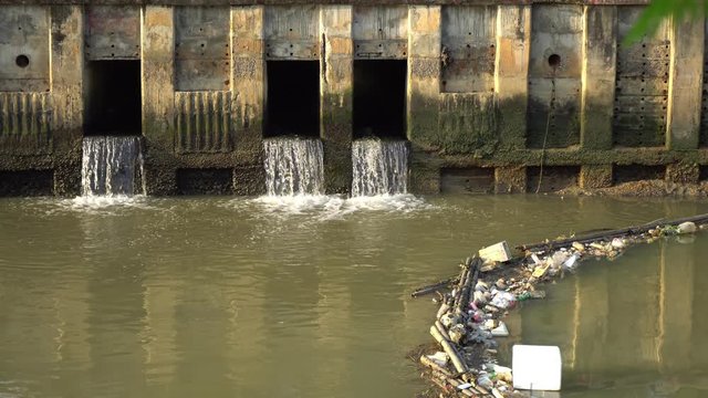 sewage water with Garbage plastic trash pollution in the water