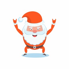 Cool Funny happy Santa Claus character with hard rock hand gesture. Celebration of Merry Christmas and New Year. For Holiday Greeting cards, banners, tags and labels.