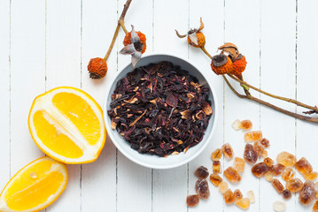 Herbal tea leaves, rose hips