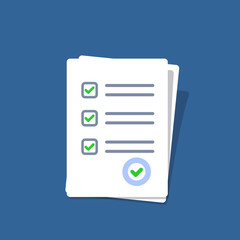 Paper checklist isolated. Stack of paperwork icon. Pile of documents. Exam form. Stack of white papers. Vector illustration in flat design.