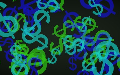 Multicolored translucent dollar signs on dark background. Green tones. 3D illustration