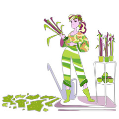 Woman planting young seedlings in the garden. Spring gardening. Hand drawn vector illustration.