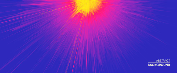 Background with explosion. Starburst dynamic lines. Solar or starlight emission. 3d futuristic technology style. Vector illustration.