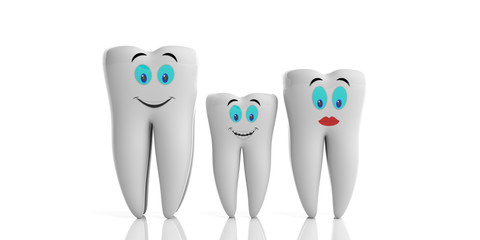 Family teeth health. Clean shiny tooth models, with emojis isolated on white background. 3d illustration
