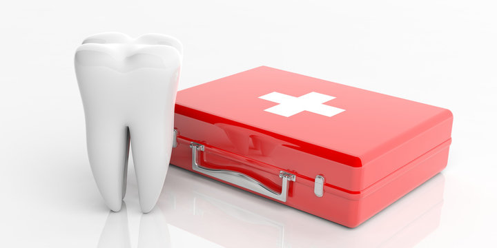 First aid kit and a tooth model isolated on white background. 3d illustration