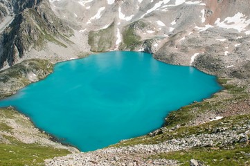 Mountain landscape, lake and mountain range. Dombay