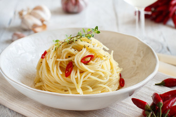 Spaghetti with garlic, olive oil and hot red pepper