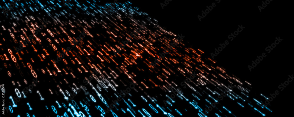 Poster flow of binary data, zero and one digits flowing in solid dark background with sun light ray. data a