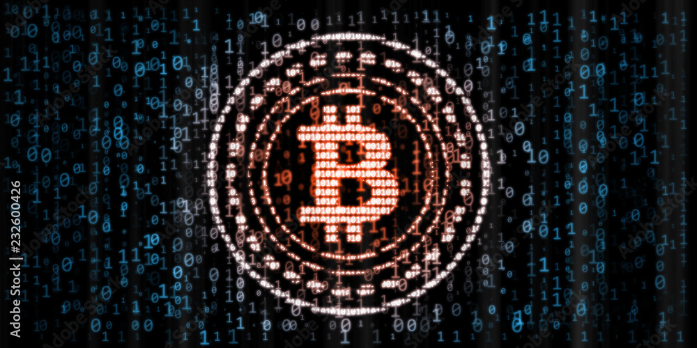 Poster red glowing bitcoin data in zero and one digit numbers format on blue binary background. for token p