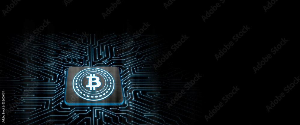 Poster bitcoin led glow on computer chip with circuit board background. concept of microchip technology to 