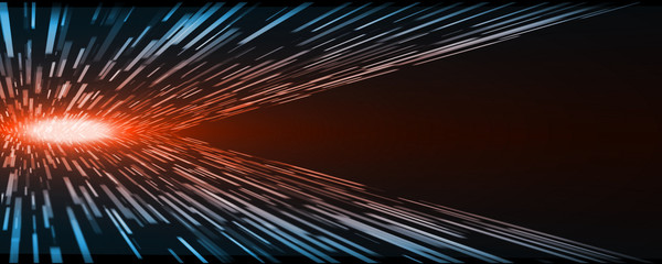 Abstract technology perspective rectangle movement warp speed with glowing nova core red light at center and blue at edge on dark background with large copy space area for product, advertising text