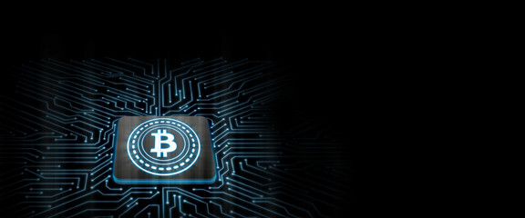 Bitcoin led glow on computer chip with  circuit board background. Concept of microchip technology to support cryptocurrency mining, processing, trading, throughput transaction. Large copy space area