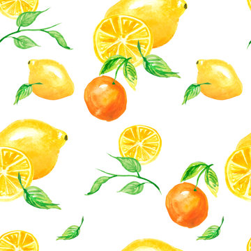 Watercolor painting, vintage seamless pattern - tropical fruits, citrus, slices of lemon, orange,mandarin. Hand drawn art illustration. Artistic abstract watercolor seamless pattern. 
