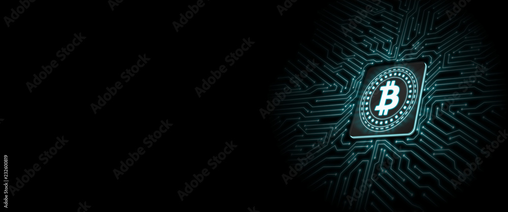 Poster bitcoin led glow on computer chip with circuit board background. concept of microchip technology to 