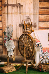 Old Belorussian Russian Slavic Spinning Wheel. Device For Spinni